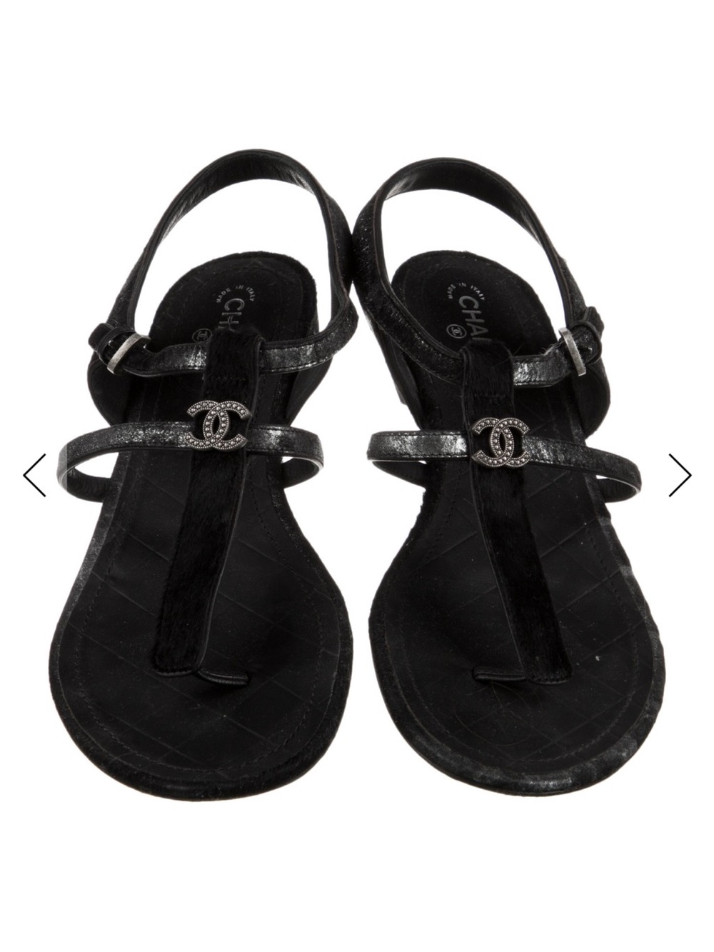 CHANEL Black leather with Silver. T-Strap Sandals. Very Chic. With Dust Bag